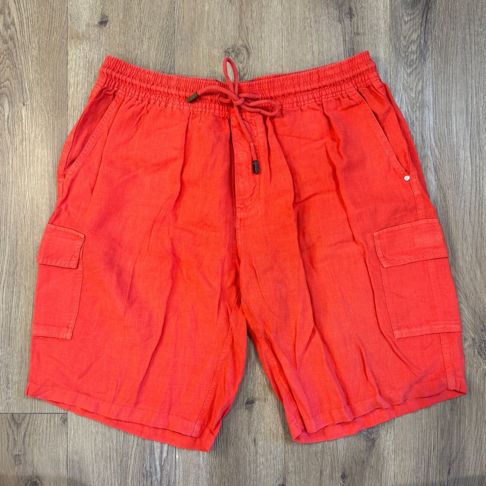 Vilebrequin Mens 100% Linen Cargo Shorts Coral Elastic Waist Size XXXL Bulgaria